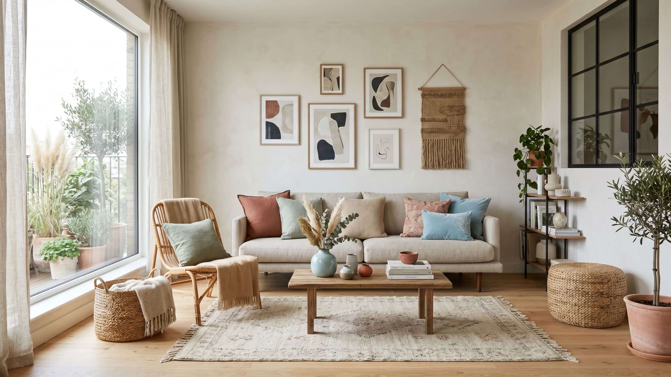 Bright living room showcasing modern boho style with cream sofa, woven poufs, wooden coffee table, framed abstract art, potted plants, rattan wall hanging, and natural light from large windows