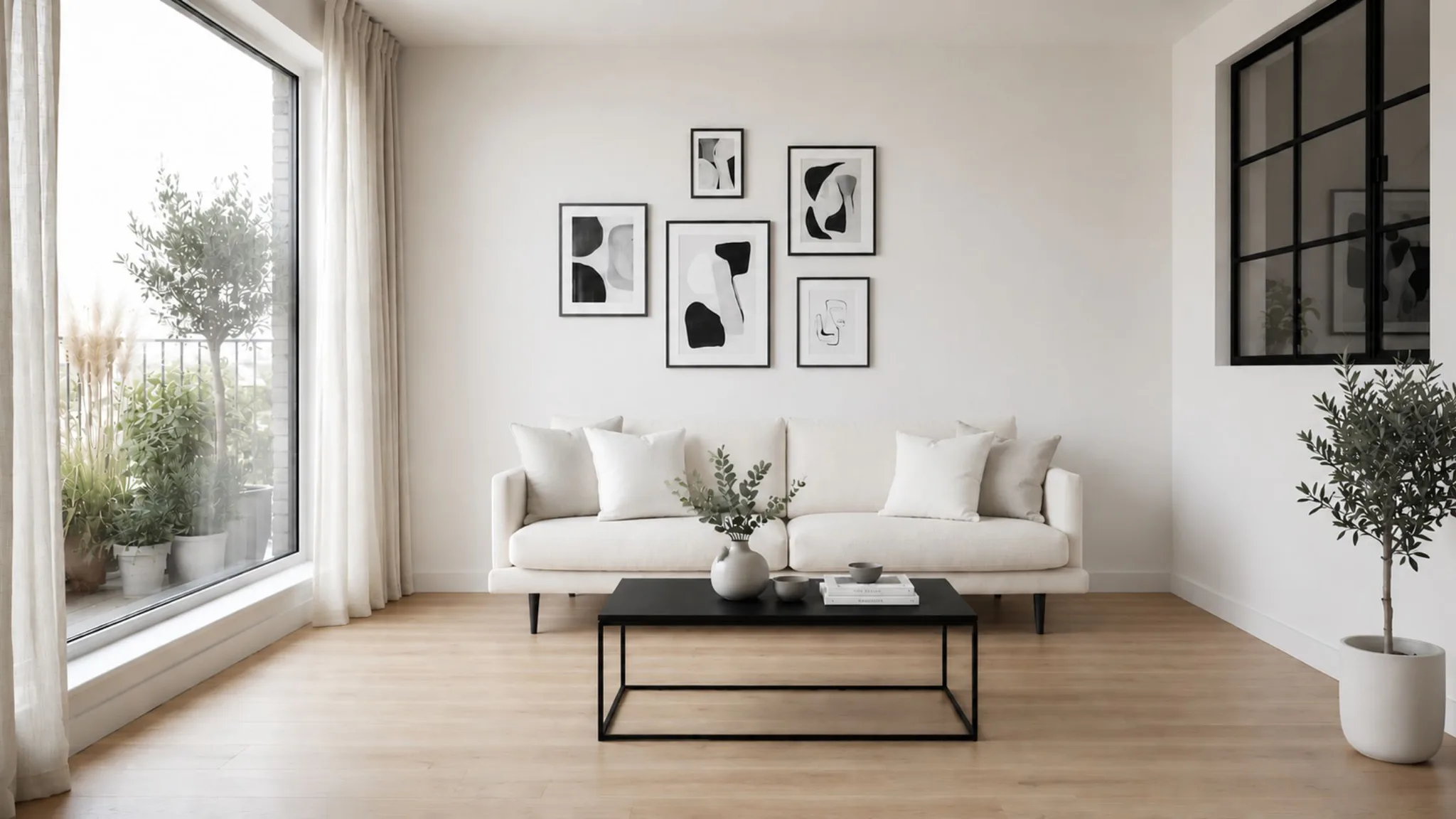 Minimalist living room featuring a cream upholstered sofa with cushions, black metal coffee table, five framed abstract black and white artwork on white wall, wooden flooring, potted plant, and lar...