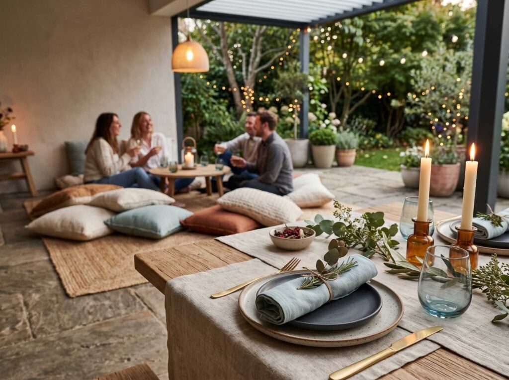 Outdoor patio dinner setting with styled table featuring neutral linen napkins, candles, and greenery in foreground, while guests sit on floor cushions in background under pergola with string lights