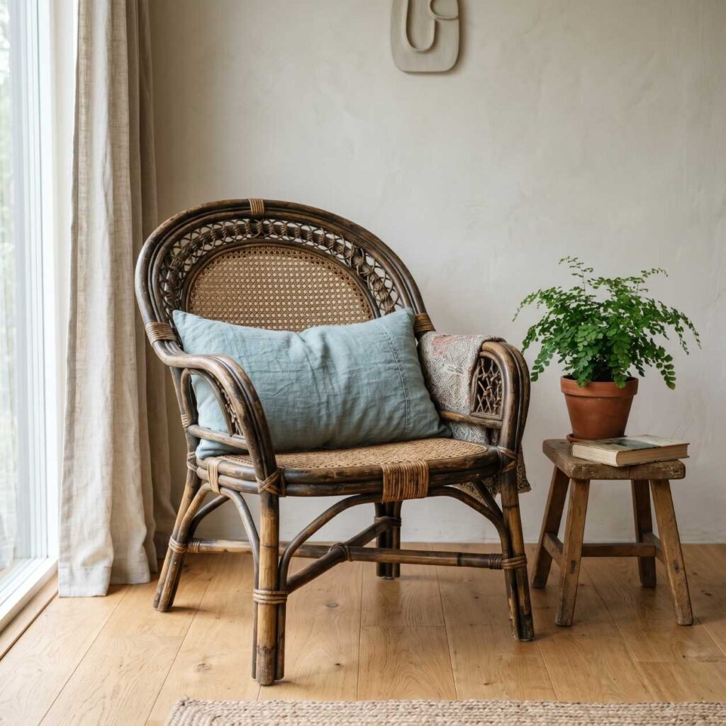 Natural rattan armchair with woven cane backrest and blue linen pillow beside wooden side table holding potted fern plant and stacked books, near window with beige linen curtains