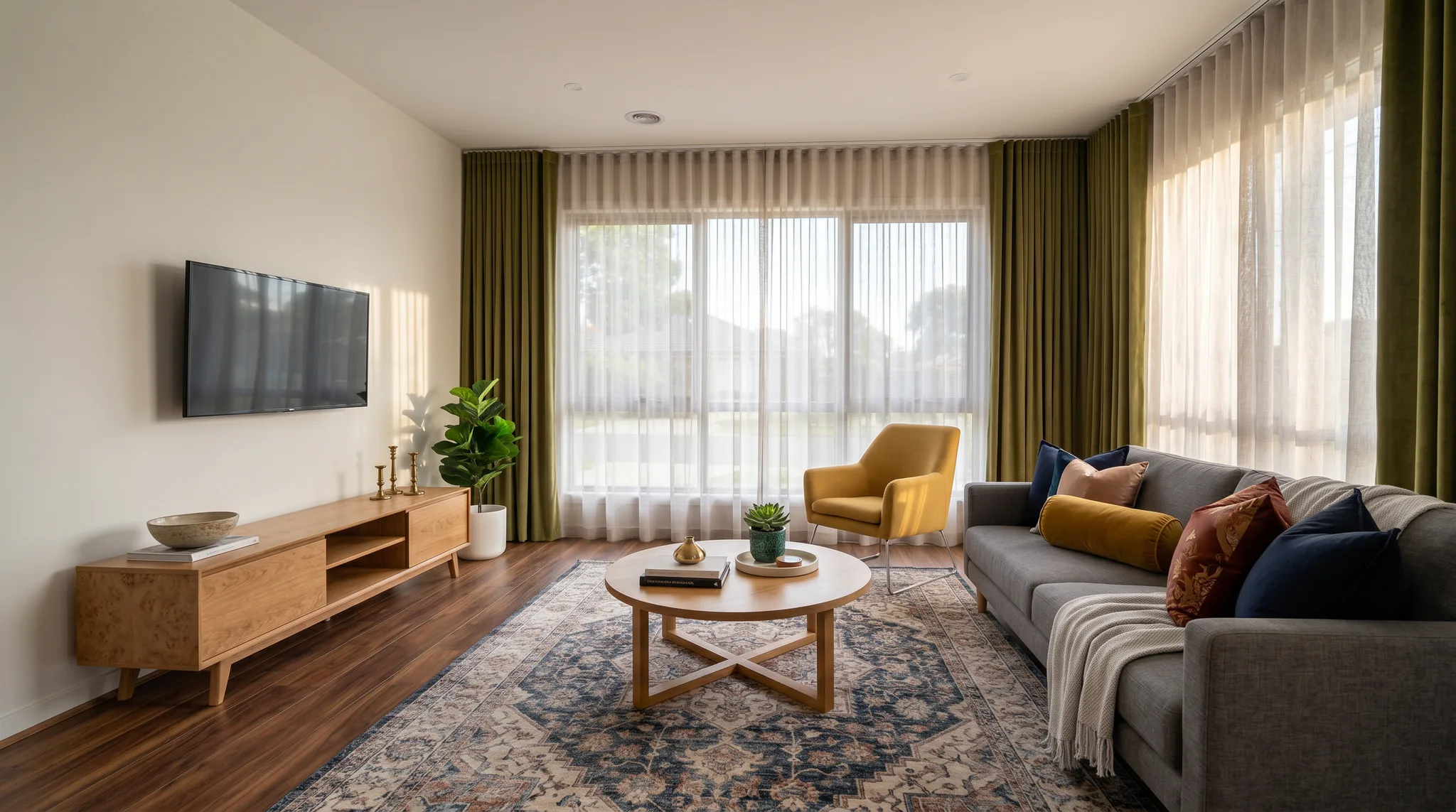 Spacious living room featuring dark timber flooring, gray sofa with colorful pillows, mustard armchair, wooden coffee table, wall-mounted TV, wooden media console, and large windows dressed with ol...