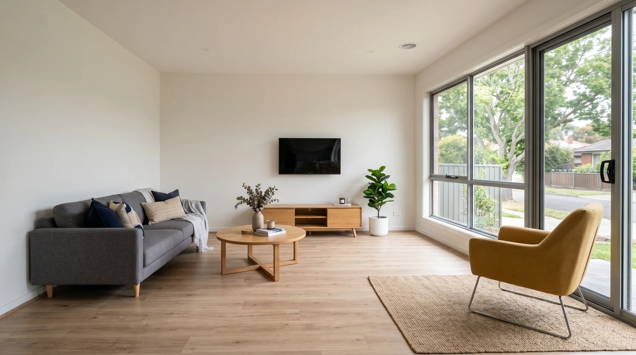 Bright modern living room featuring warm timber flooring, gray sofa with cushions, mustard accent chair, wooden coffee table, TV mounted on white wall, potted plants, and large sliding glass doors ...