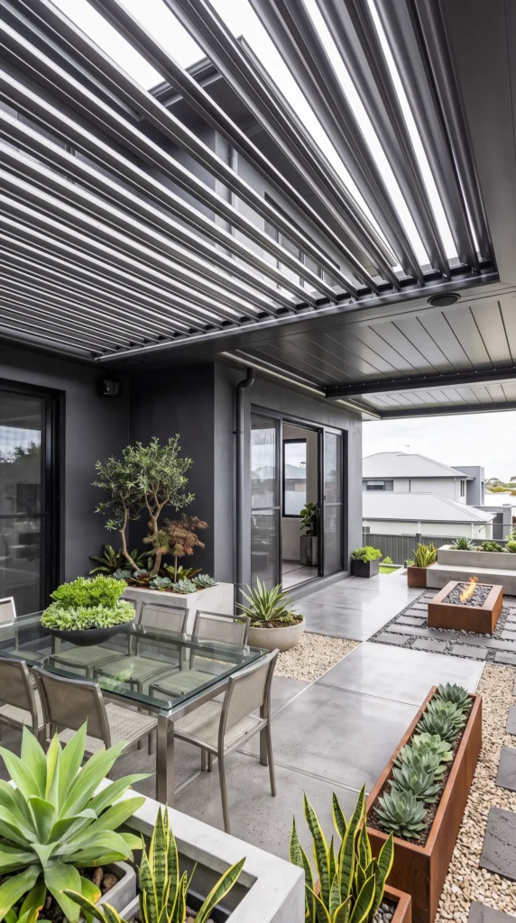 Modern patio with motorized louvered pergola awning featuring adjustable aluminum slats, contemporary furniture, potted succulents, and geometric landscaping patterns with dark facade.
