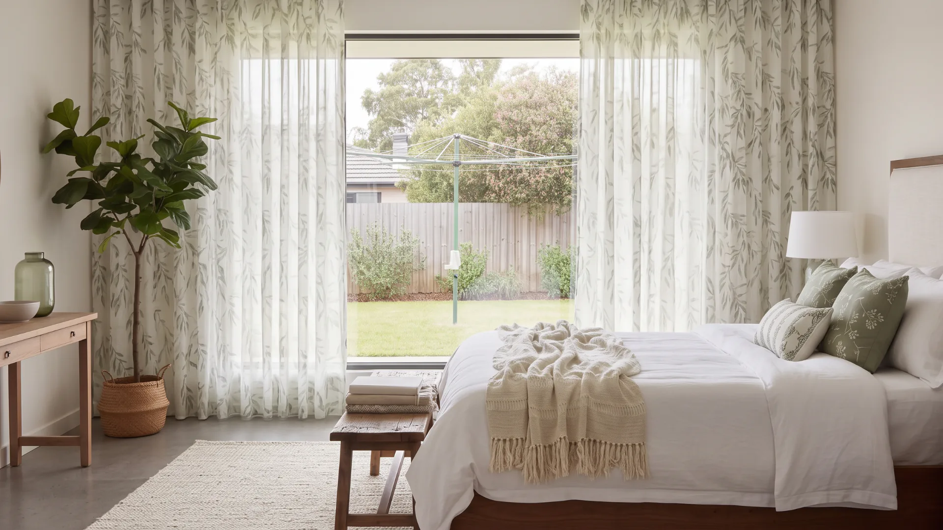 Bright bedroom featuring floor-to-ceiling sheer curtains with leaf pattern framing glass doors overlooking a manicured garden, white bedding with decorative pillows, wooden furniture, and potted plant