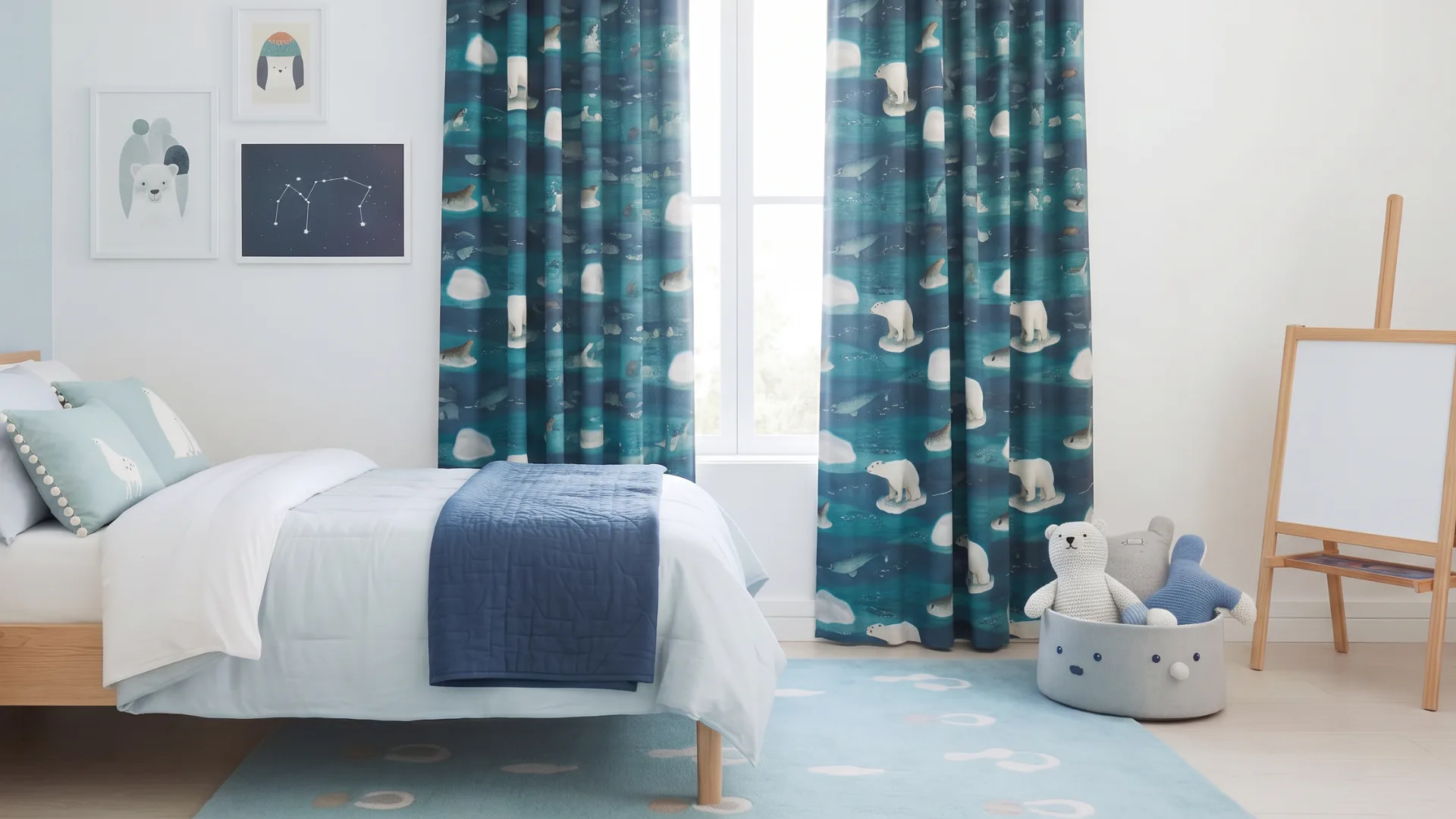 Children's bedroom featuring floor-to-ceiling teal curtains with white polar bear and cloud pattern, paired with white bedding, wooden furniture, and matching storage basket with toys.