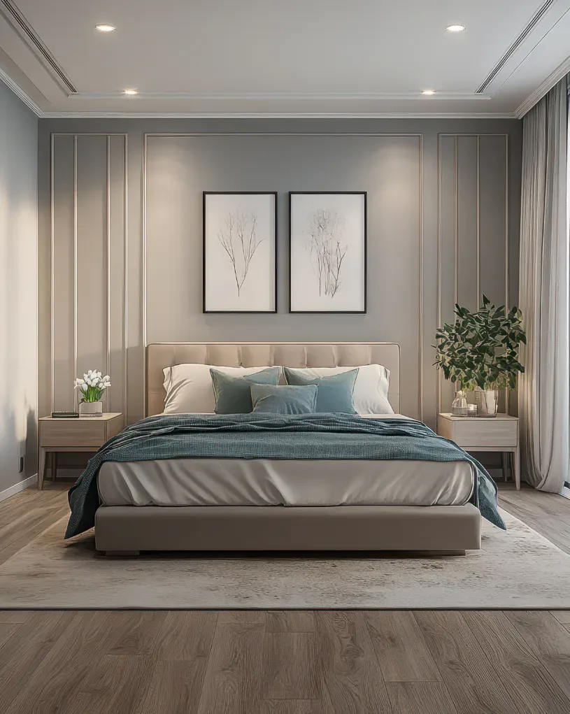 Contemporary bedroom featuring a beige upholstered bed with blue accent pillows, wood-look flooring, soft area rug, wall art, recessed lighting, and neutral color palette with potted plant accents.