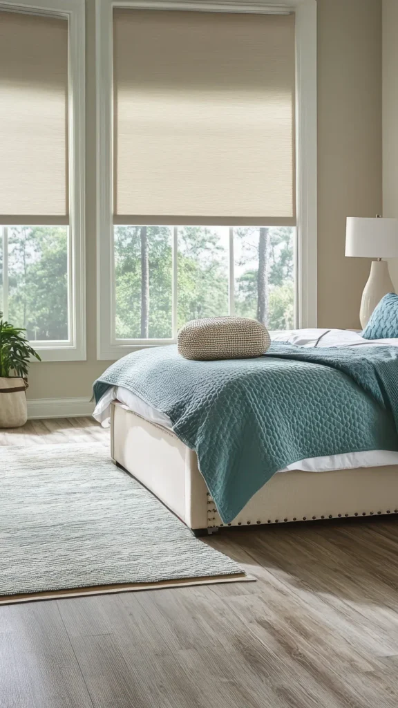 Modern bedroom featuring a bed with teal quilted bedding, beige roller blinds on large windows overlooking trees, neutral walls, wooden flooring, area rug, potted plant, and table lamp with white s...