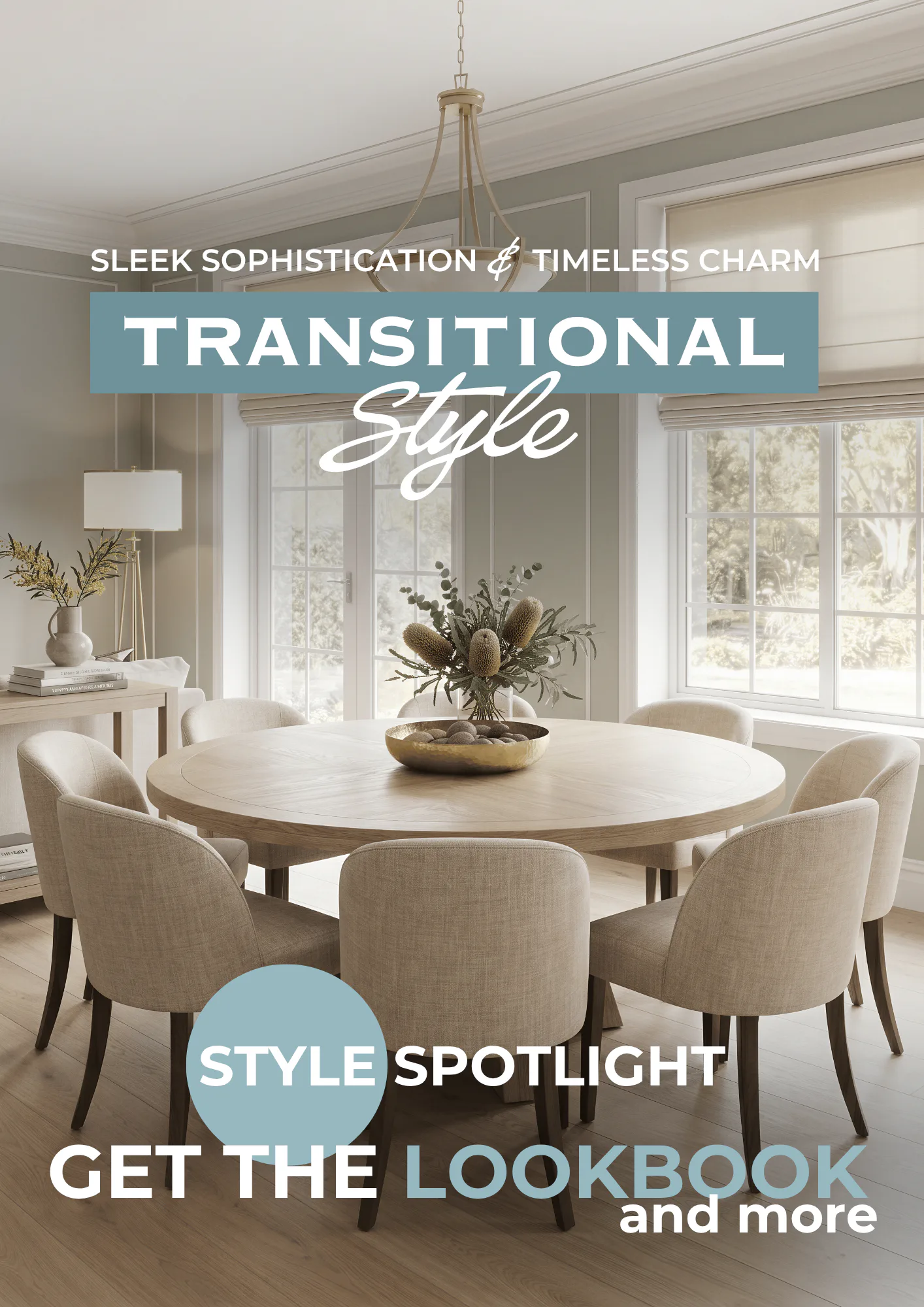 Light-filled dining room featuring a round wooden table surrounded by four upholstered beige chairs, with a brass pendant light overhead, large windows, and a floral centerpiece arrangement.