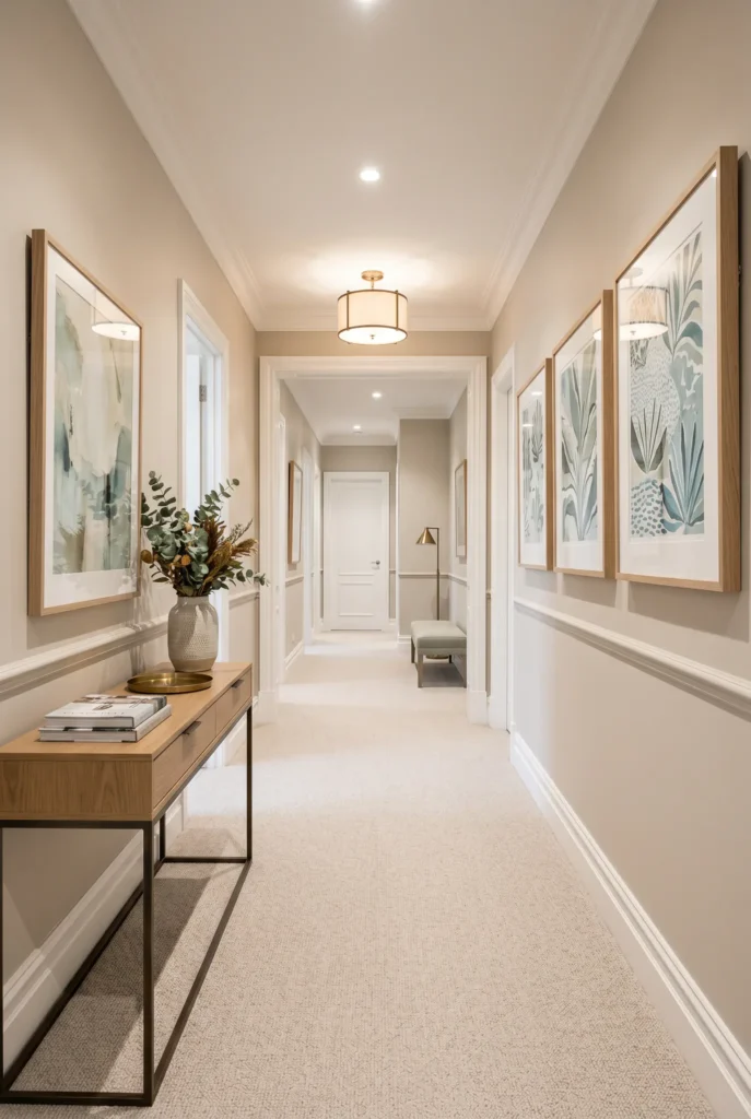 Long hallway featuring neutral beige carpet, wooden console table with white ceramic vase, framed botanical wall art, recessed ceiling lights, and white trim doors creating elegant transitional des...