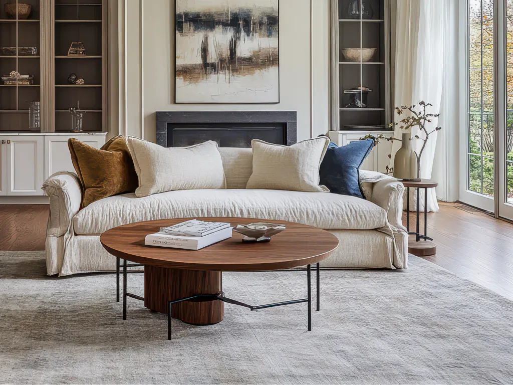 Elegant transitional living room featuring a cream upholstered sofa with colorful accent pillows, round walnut coffee table, built-in shelving with dark frames, abstract wall art, and large windows...