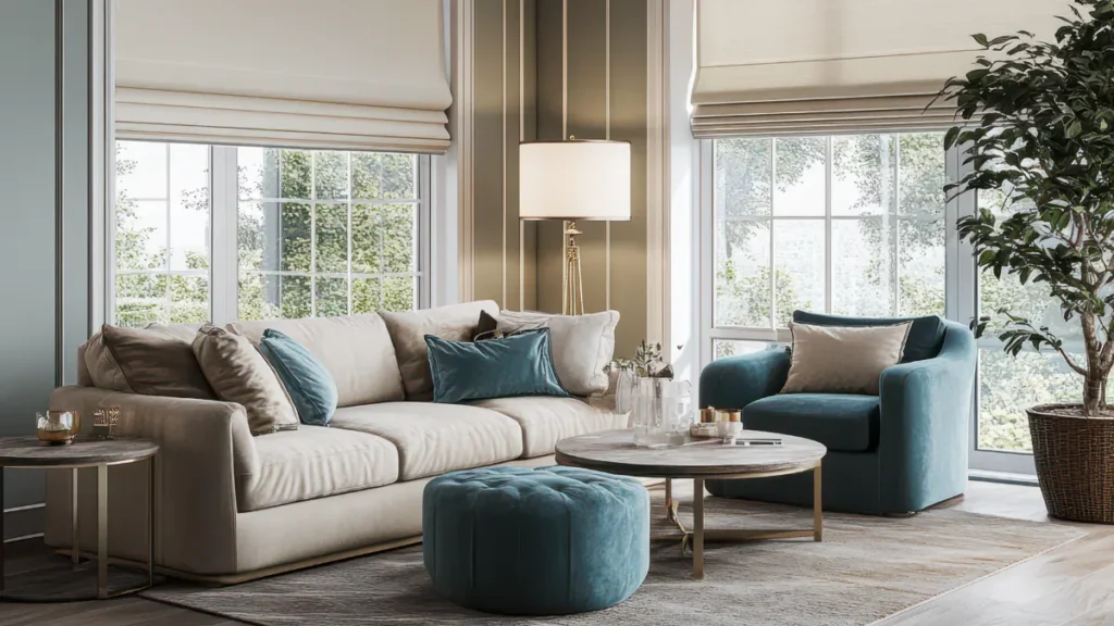 Bright transitional living room featuring a cream sofa with blue accent pillows, teal round ottoman, curved armchair, wooden coffee table, large windows with roller blinds, potted plant, and area r...