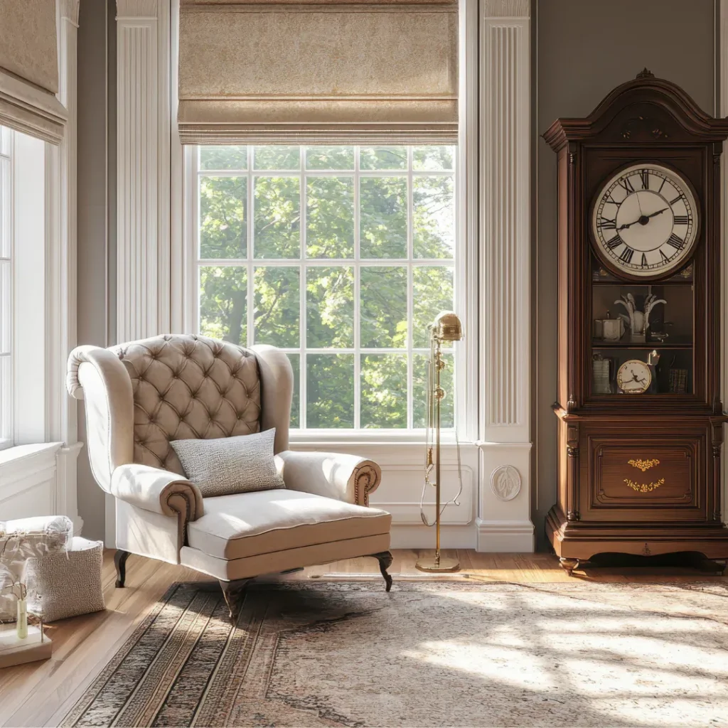 Cream tufted wingback armchair positioned by a large multi-pane window overlooking green foliage, with a brass floor lamp, oriental area rug, and dark wood grandfather clock with Roman numerals in ...