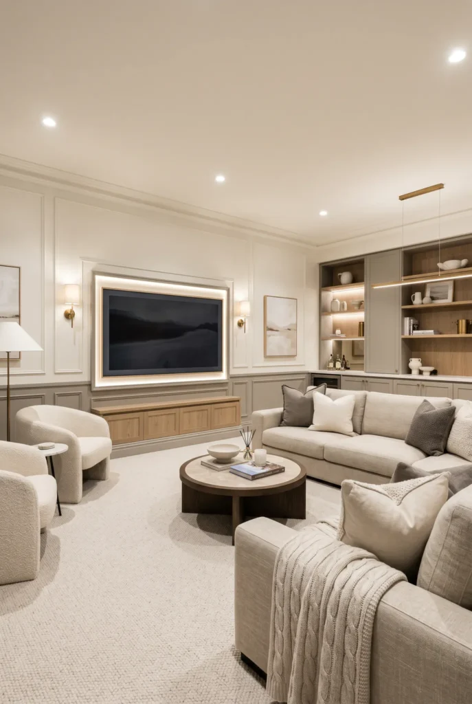Luxurious transitional media room featuring beige and cream upholstered furniture, recessed lighting, built-in wooden shelving, framed TV wall, and neutral-toned area carpet defining the seating ar...